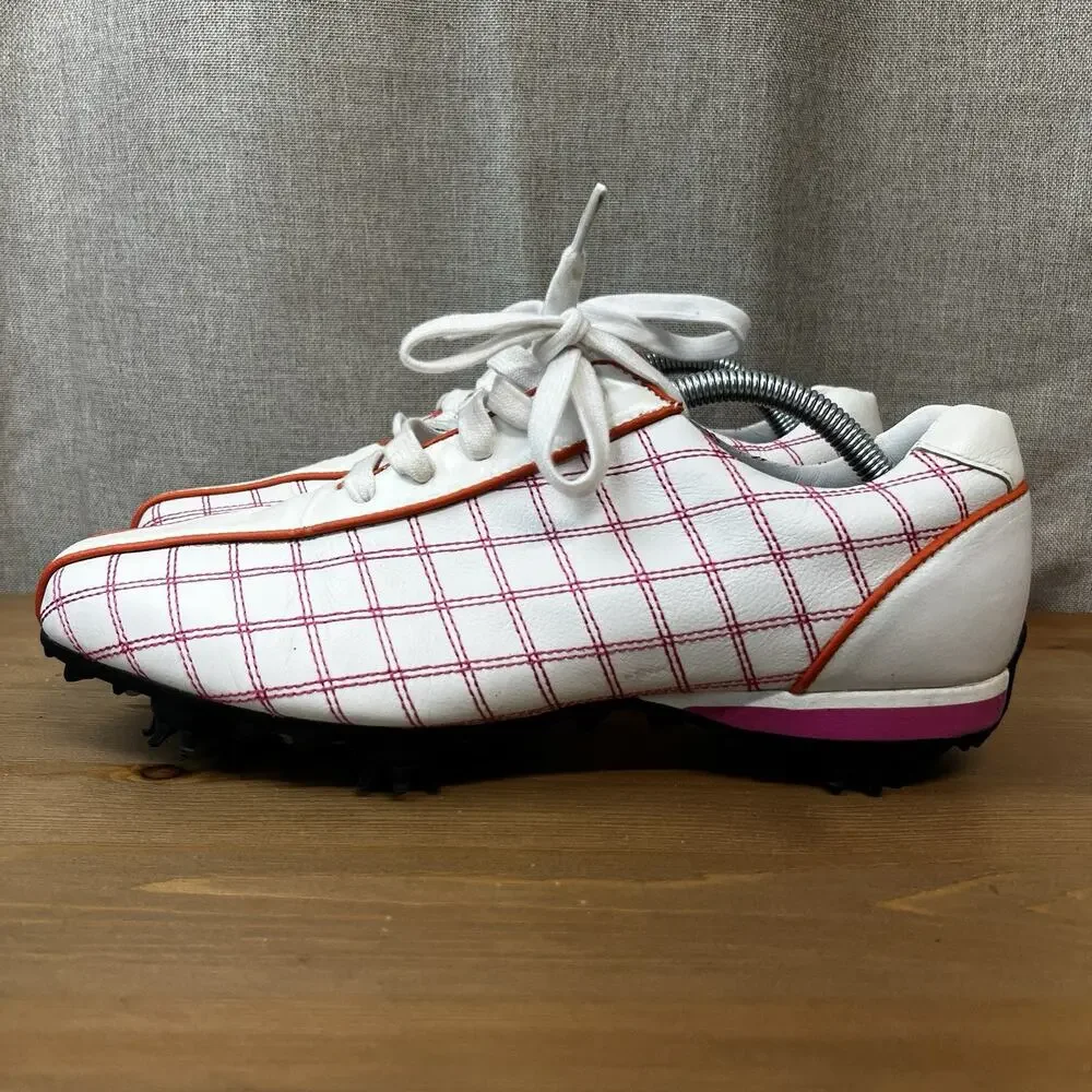 Footjoy Golf Shoes Women’s 8M Pink Plaid Orange Cleats 97222 Lace Up Spikes
